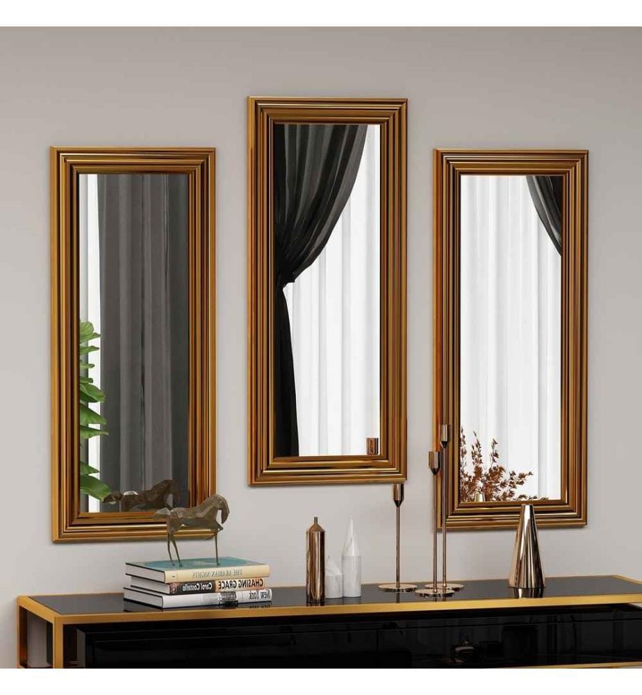 Set de miroirs, 3 pièces, doré, MDF, cadre stratifié