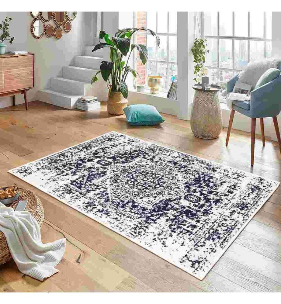 Teppich, Weiss, Marineblau, 70% Baumwolle - 30% Chenille, 100 x 200 cm