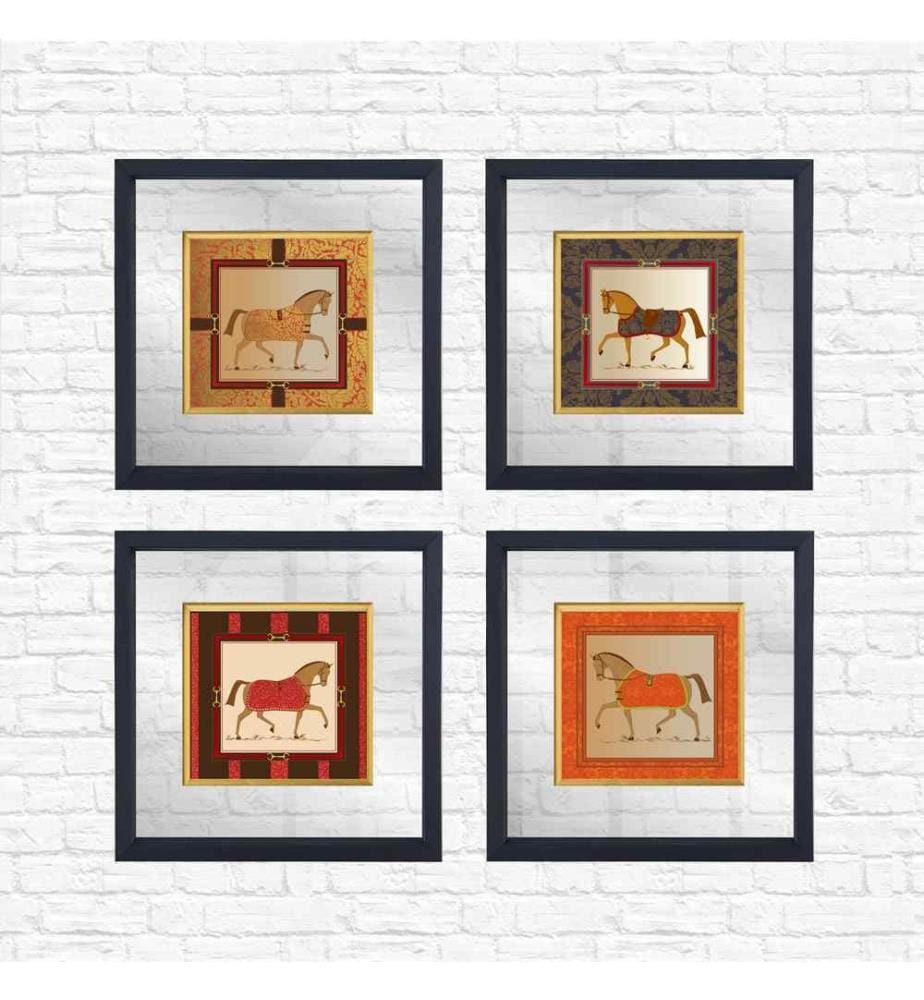 Decorative Framed Painting, 4 Pieces, Multicolor, Glass, Wooden Frame