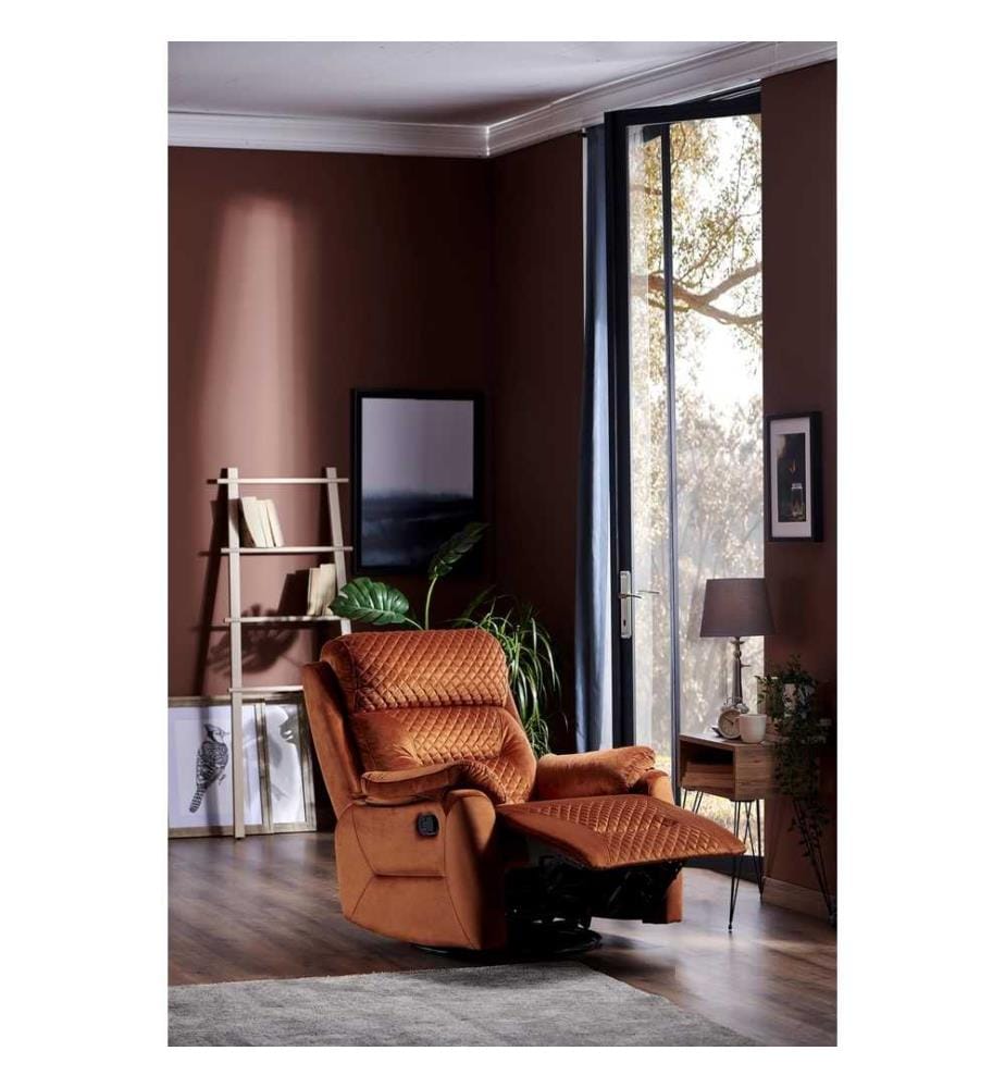 Fauteuil de relaxation, rouge tuile, mécanisme manuel, inclinaison du fauteuil et rotation à 360°, tissu matelassé