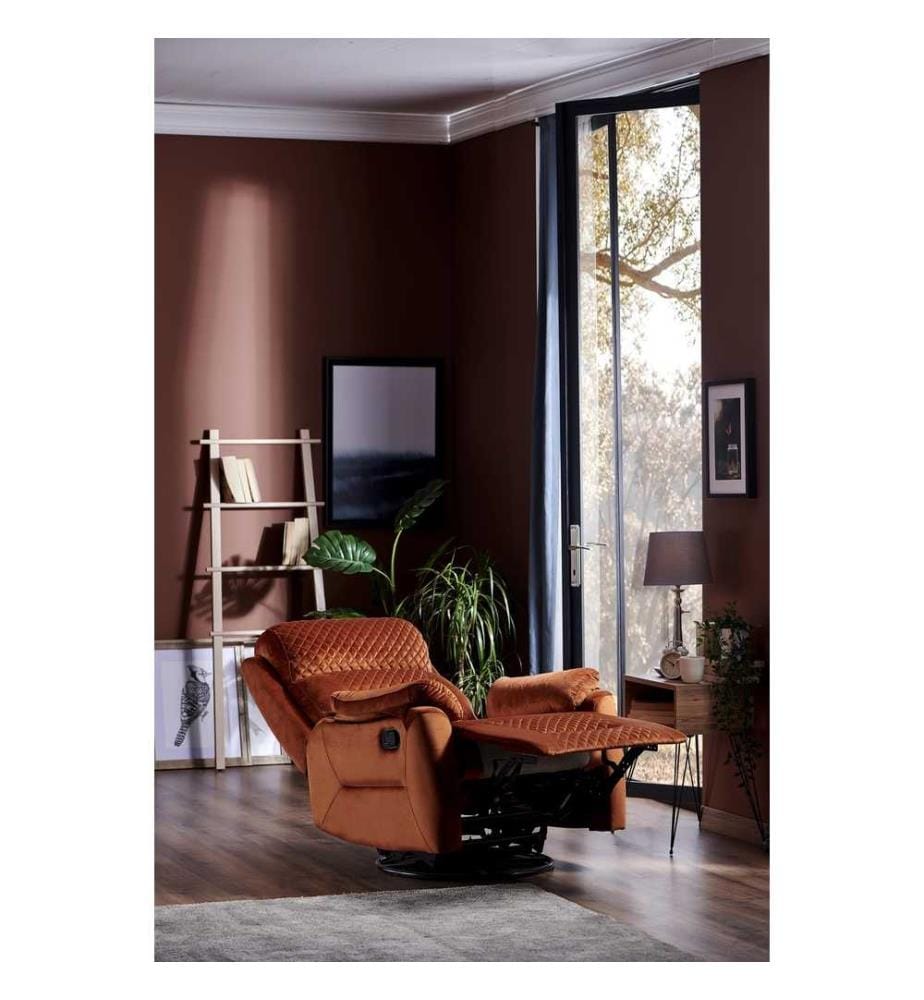 Fauteuil de relaxation, rouge tuile, mécanisme manuel, inclinaison du fauteuil et rotation à 360°, tissu matelassé