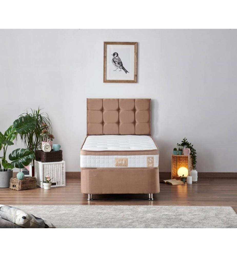 Matelas, sommier et tête de lit pour une personne, Light Brown, cadre en acier, tissu Soho