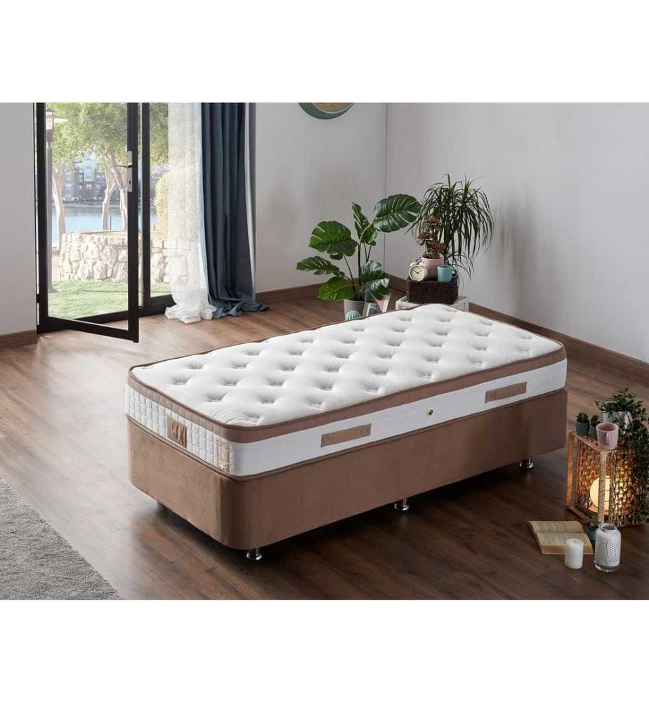 Matelas, sommier et tête de lit pour une personne, Light Brown, cadre en acier, tissu Soho