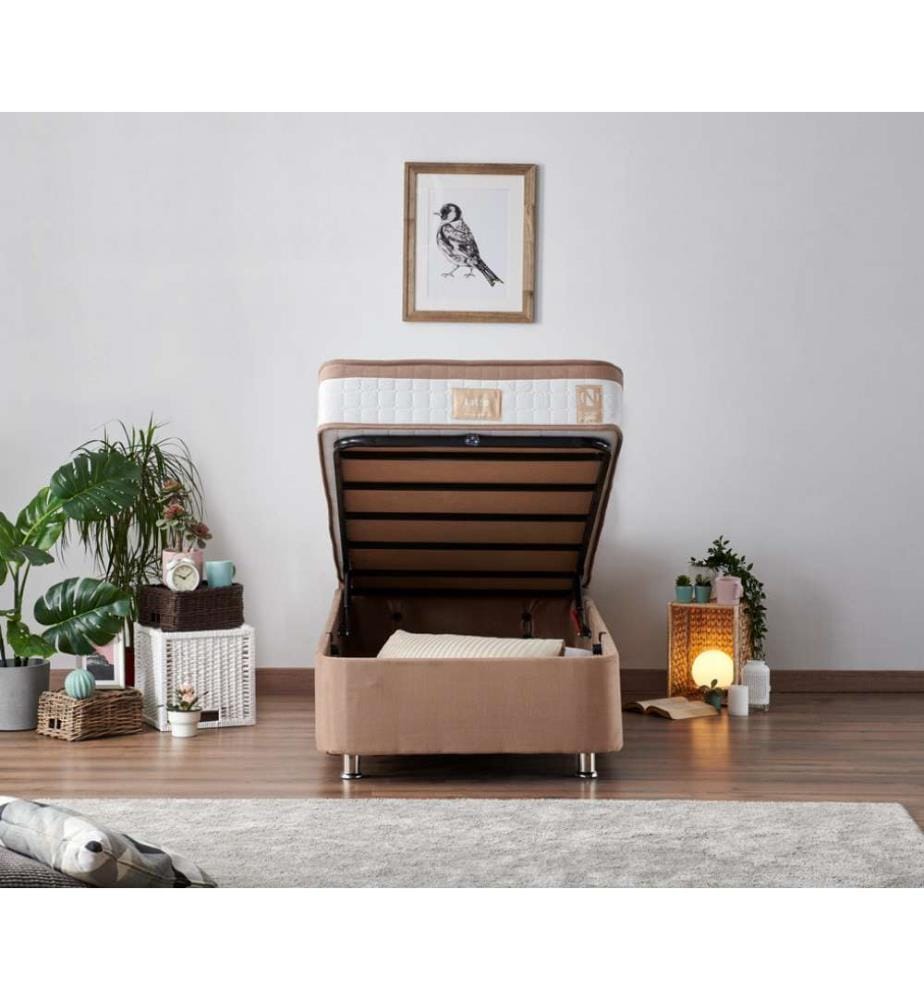 Matelas, sommier et tête de lit pour une personne, Light Brown, cadre en acier, tissu Soho