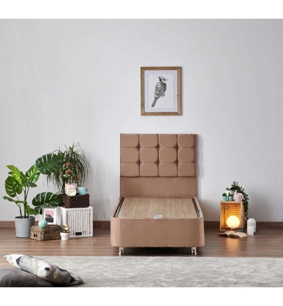 Matelas, sommier et tête de lit pour une personne, Light Brown, cadre en acier, tissu Soho