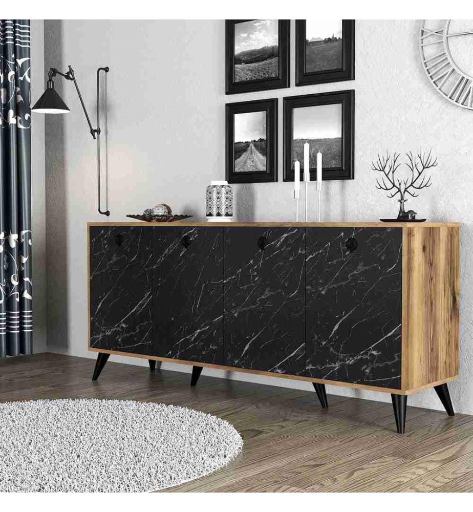 Console, noyer, marbre noir, panneau de particules mélaminé
