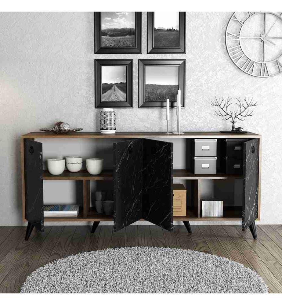 Console, noyer, marbre noir, panneau de particules mélaminé