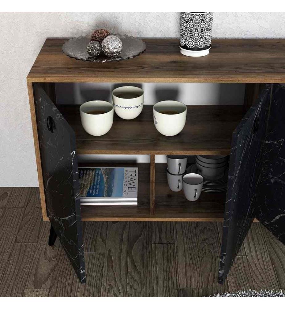 Console, noyer, marbre noir, panneau de particules mélaminé