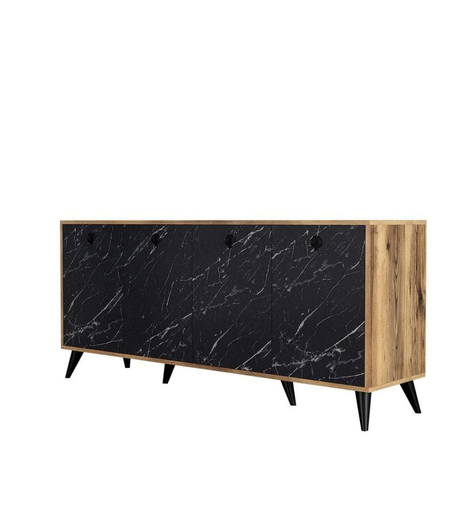 Console, noyer, marbre noir, panneau de particules mélaminé