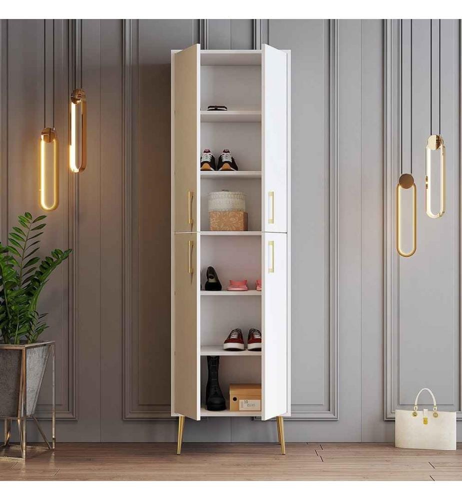 Meuble à chaussures, blanc, or, panneau de particules mélaminé