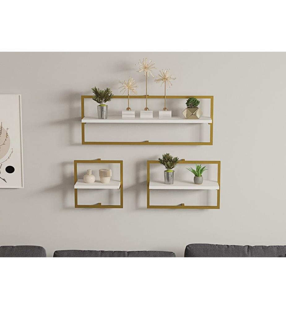Etagère murale, blanc, or, panneau de particules mélaminé