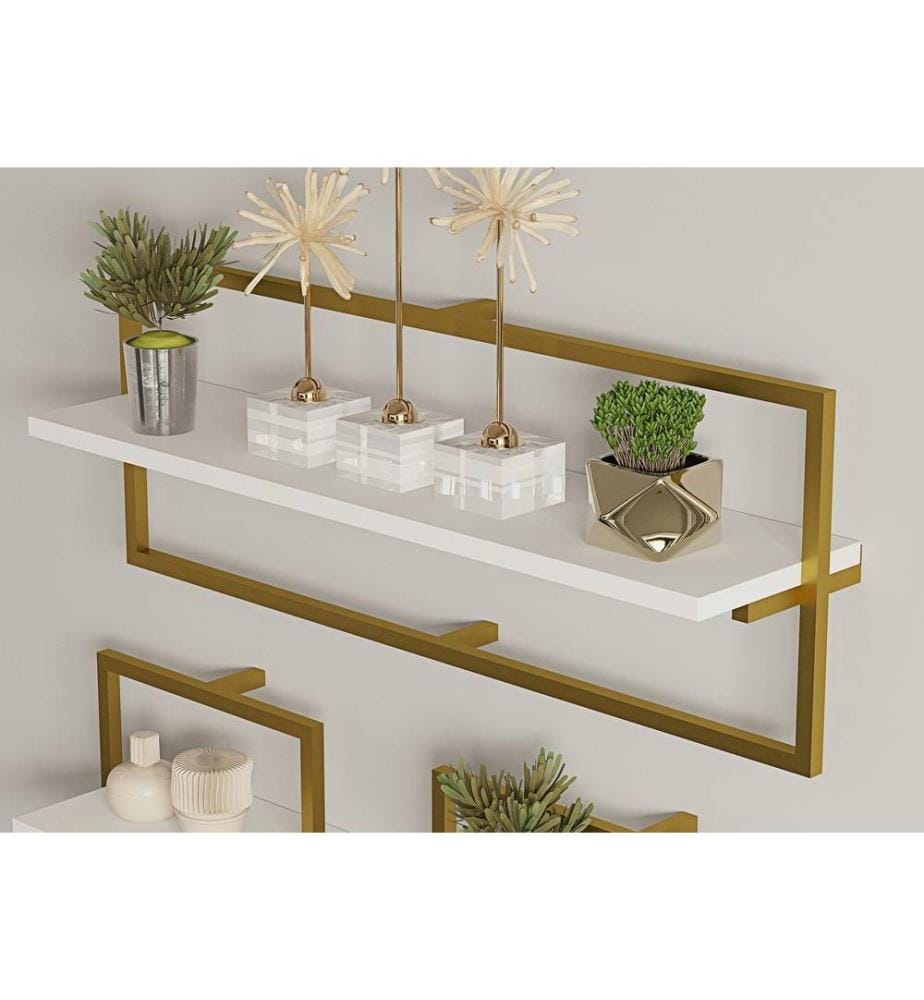 Etagère murale, blanc, or, panneau de particules mélaminé