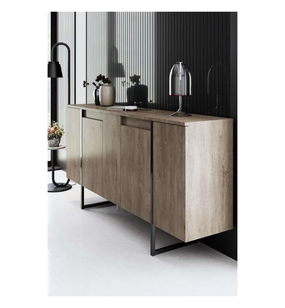 Console, noyer, noir, panneau de particules mélaminé, pieds en métal