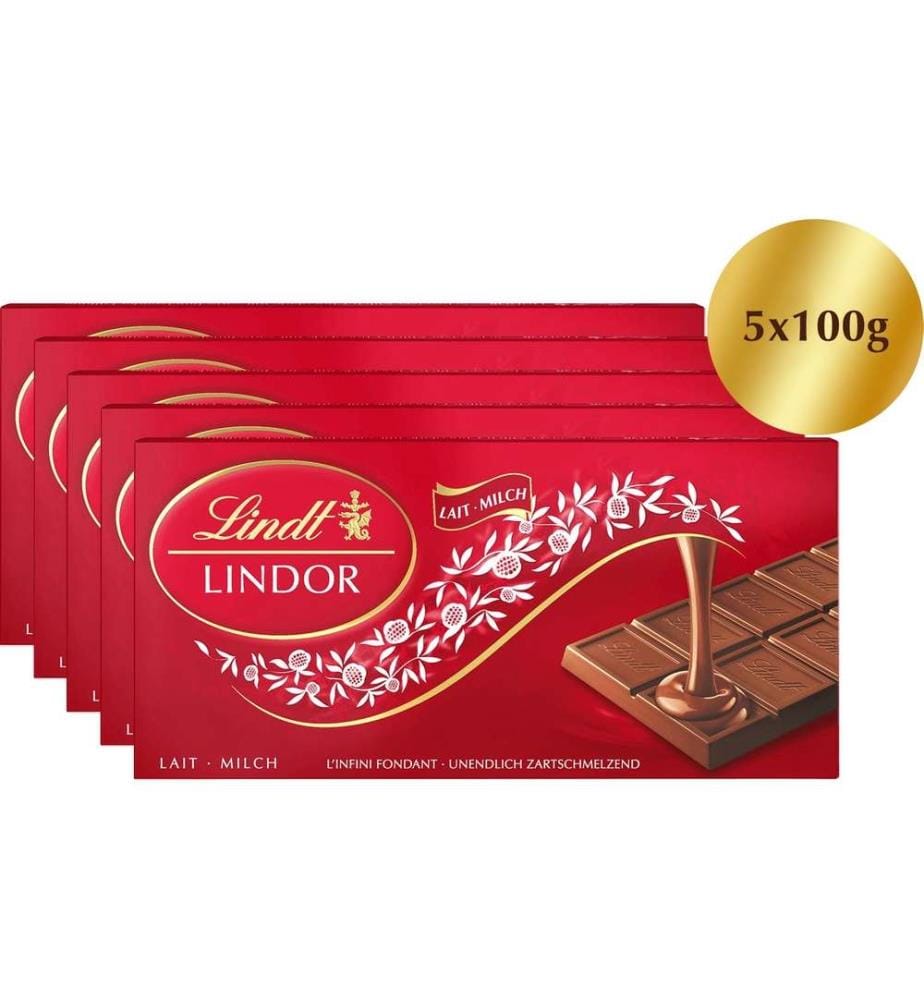 LINDT - Tablette de chocolat Lait Lindor 5 x 100 g