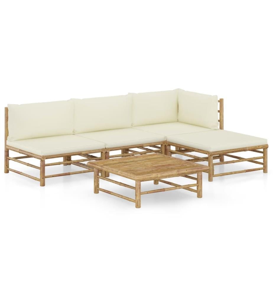 Salon de jardin 5 pcs avec coussins blanc crème bambou