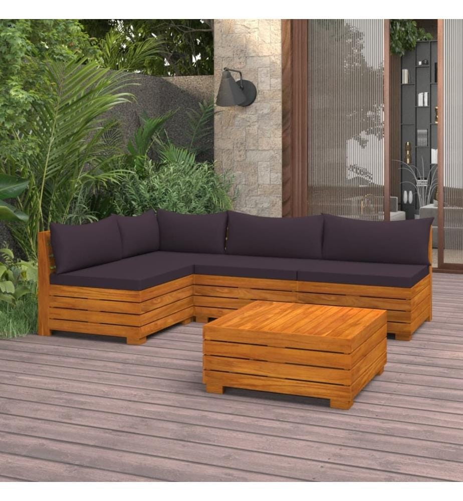 Salon de jardin 5 pcs avec coussins Bois d'acacia solide