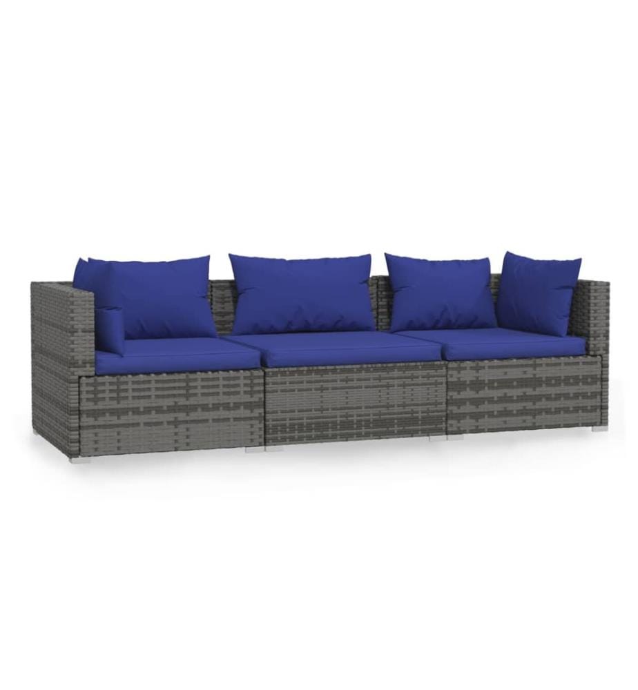3-Sitzer-Sofa mit Kissen Grau Poly Rattan