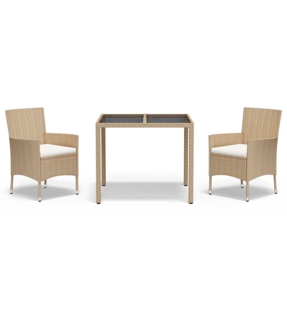 Ensemble à manger de jardin et coussins 3 pcs Beige poly rotin
