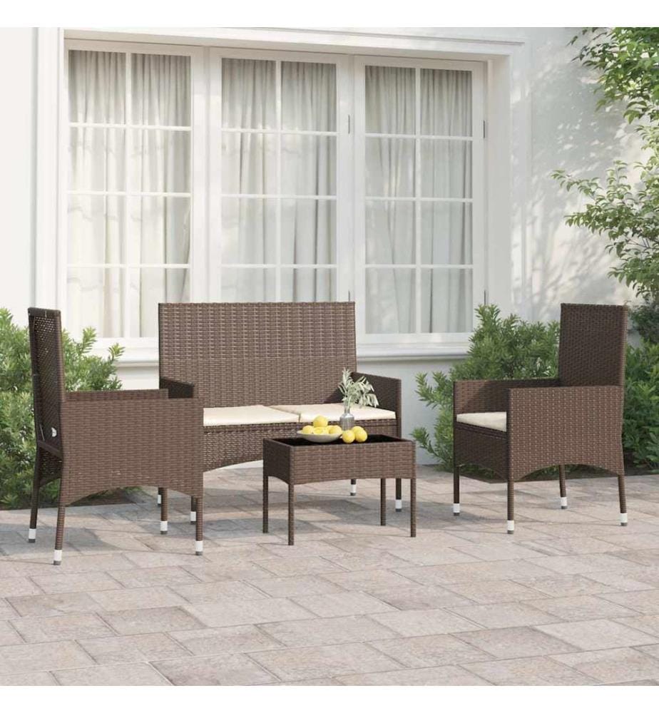 4-tlg. Garten-Lounge-Set mit Kissen Braun Poly Rattan