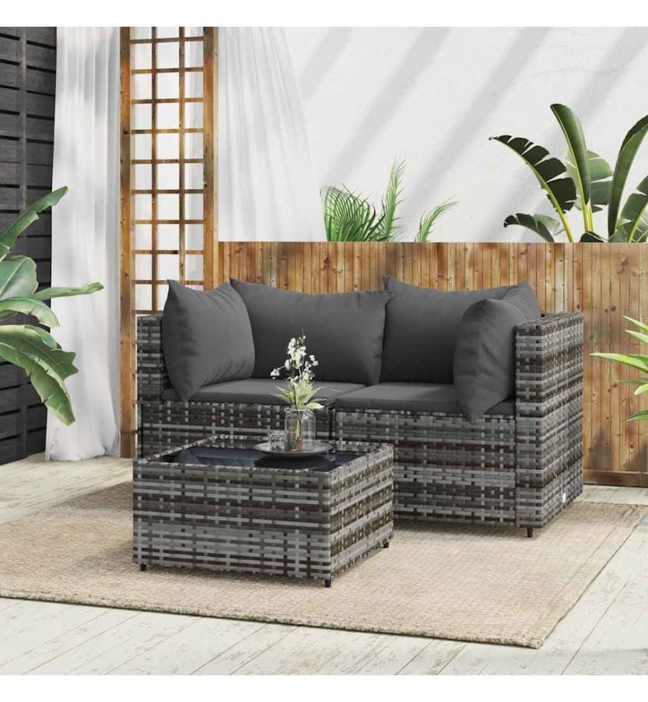 3-tlg. Garten-Lounge-Set mit Kissen Grau Poly Rattan