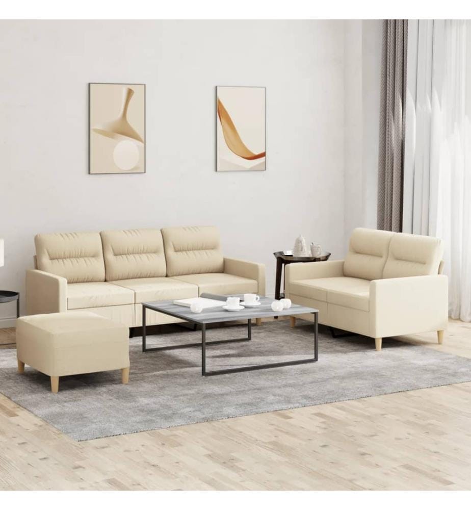 3-tlg. Sofagarnitur mit Kissen Creme Stoff