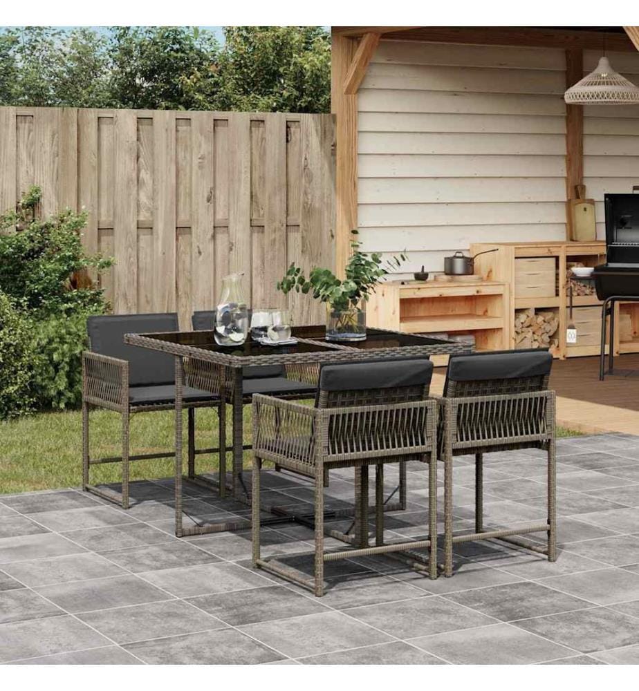 5-tlg. Garten-Essgruppe mit Kissen Grau Poly Rattan