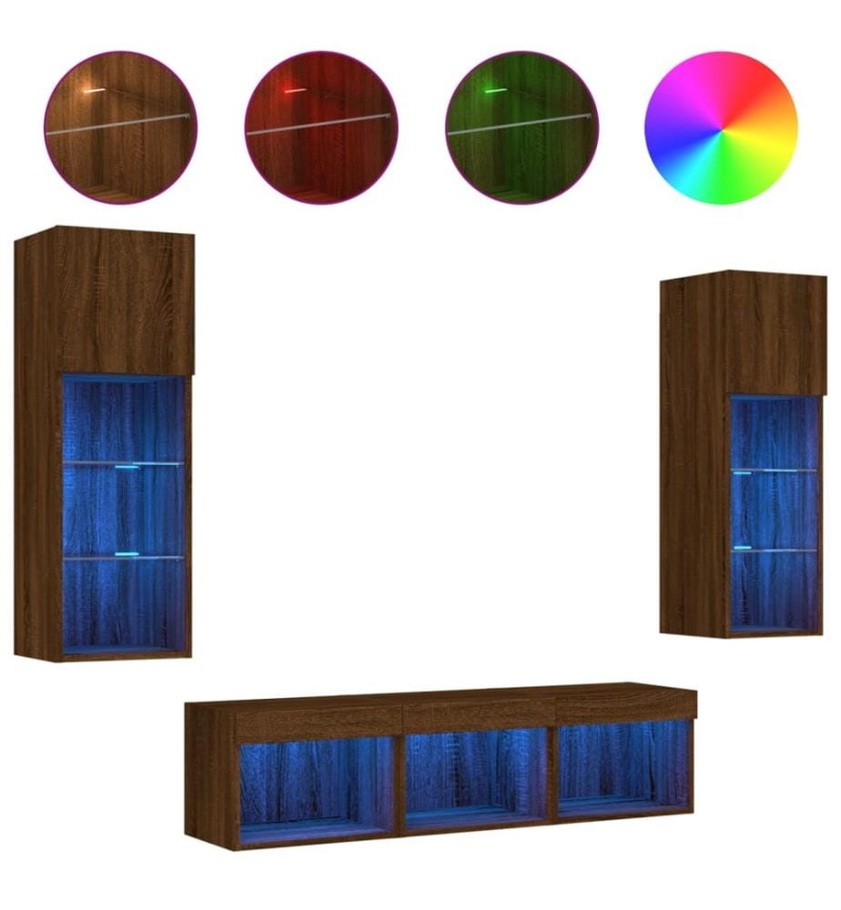 5-tlg. Wohnwand mit LED-Beleuchtung Braun Eichen-Optik