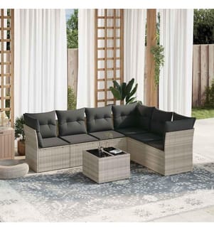 7-tlg. Garten-Sofagarnitur mit Kissen Hellgrau Poly Rattan
