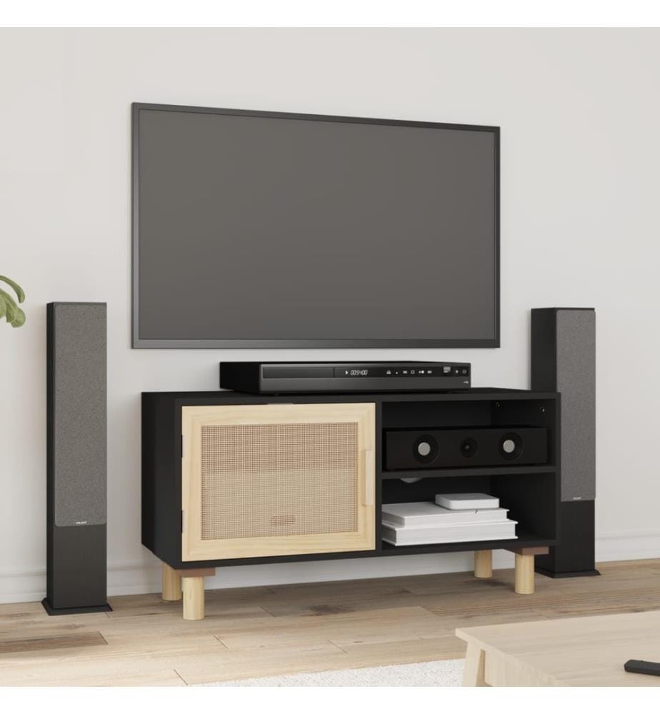 Meuble TV Noir 80x30x40 cm Bois de pin massif et rotin naturel