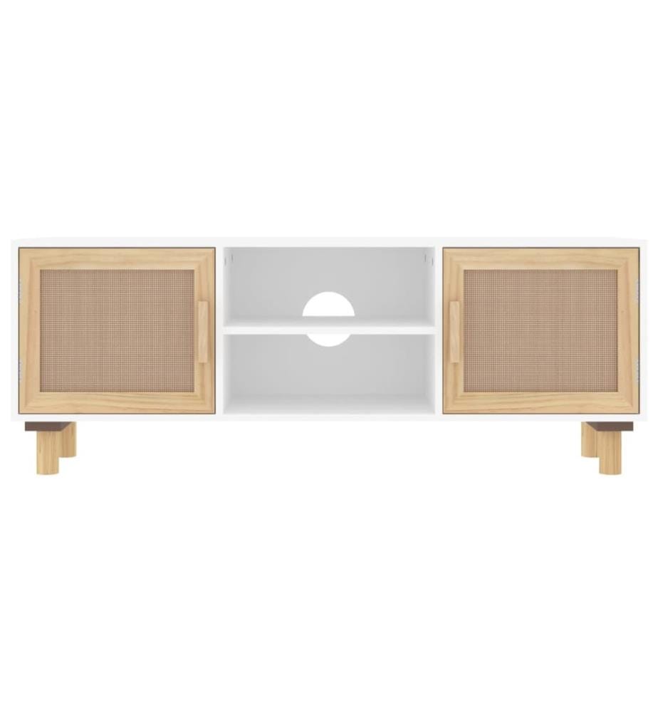 Meuble TV Blanc 105x30x40cm Bois de pin massif et rotin naturel