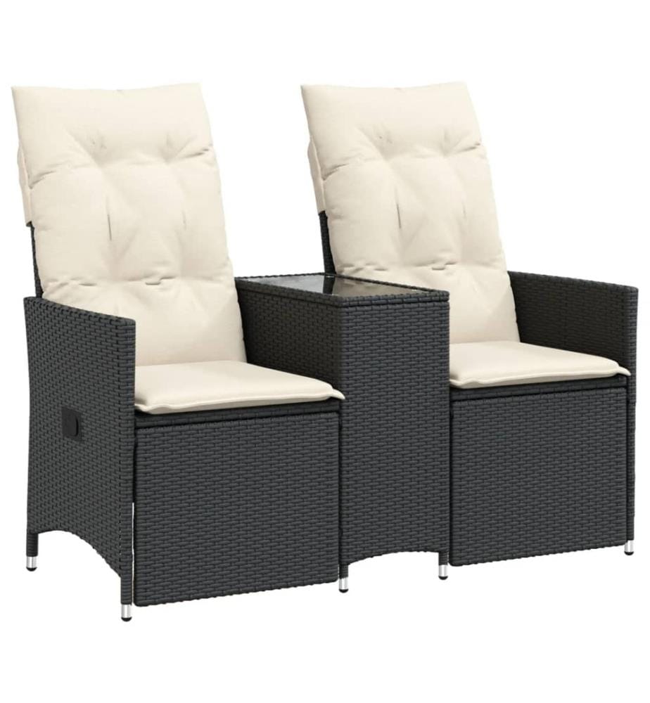 Gartensofa 2-Sitzer Verstellbar mit Tisch Schwarz Poly Rattan
