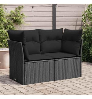Gartensofa mit Kissen 2-Sitzer Schwarz Poly Rattan