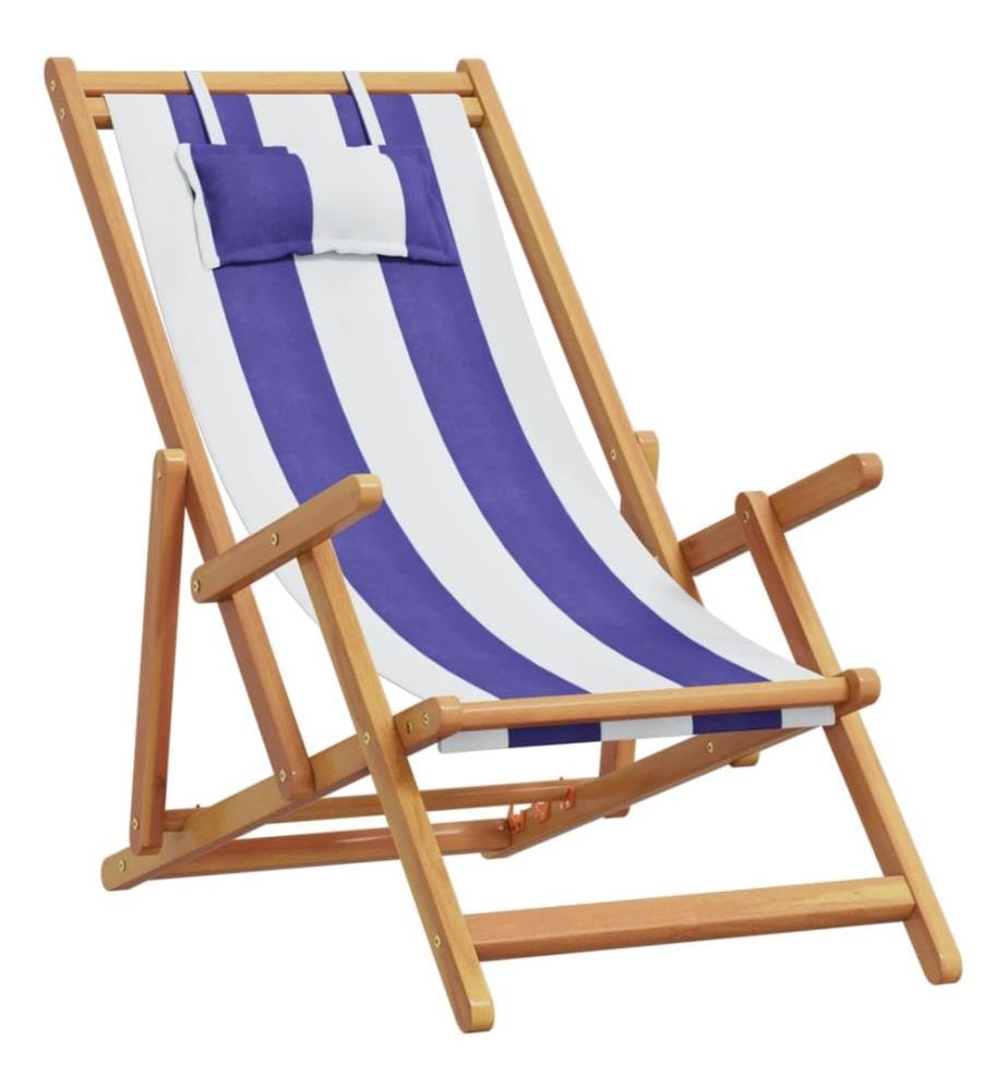 Strandstuhl Klappbar Blau Weiss Massivholz Eukalyptus und Stoff