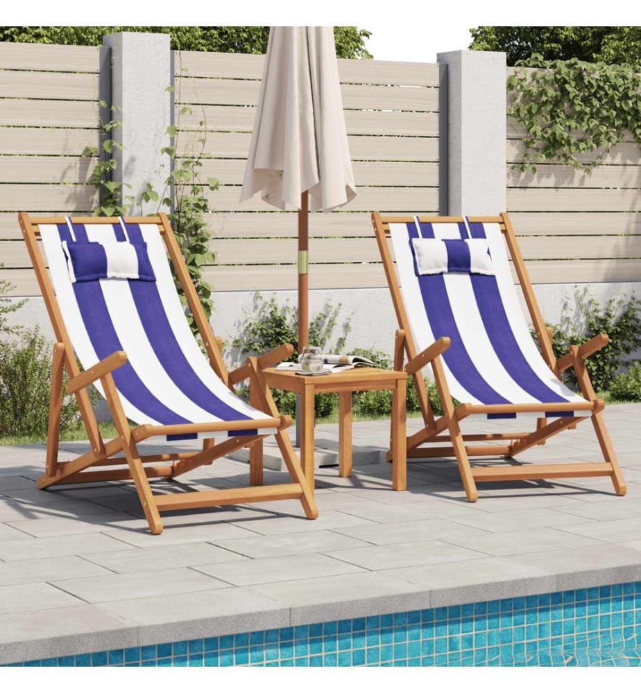 Strandstuhl Klappbar Blau Weiss Massivholz Eukalyptus und Stoff