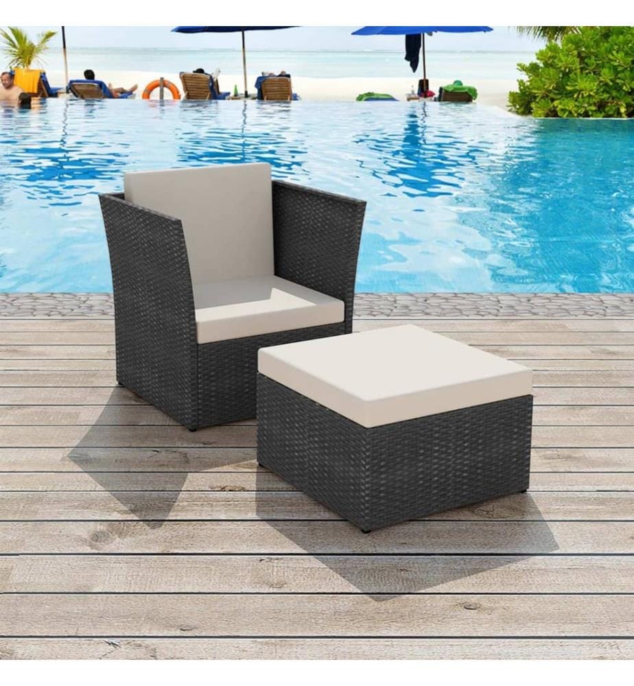 Gartensessel mit Fusshocker Poly Rattan Schwarz