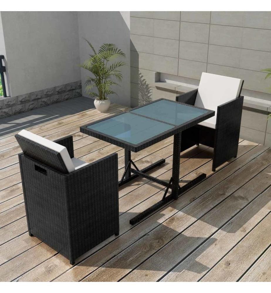 3-tlg. Bistro-Set mit Kissen Poly Rattan Schwarz