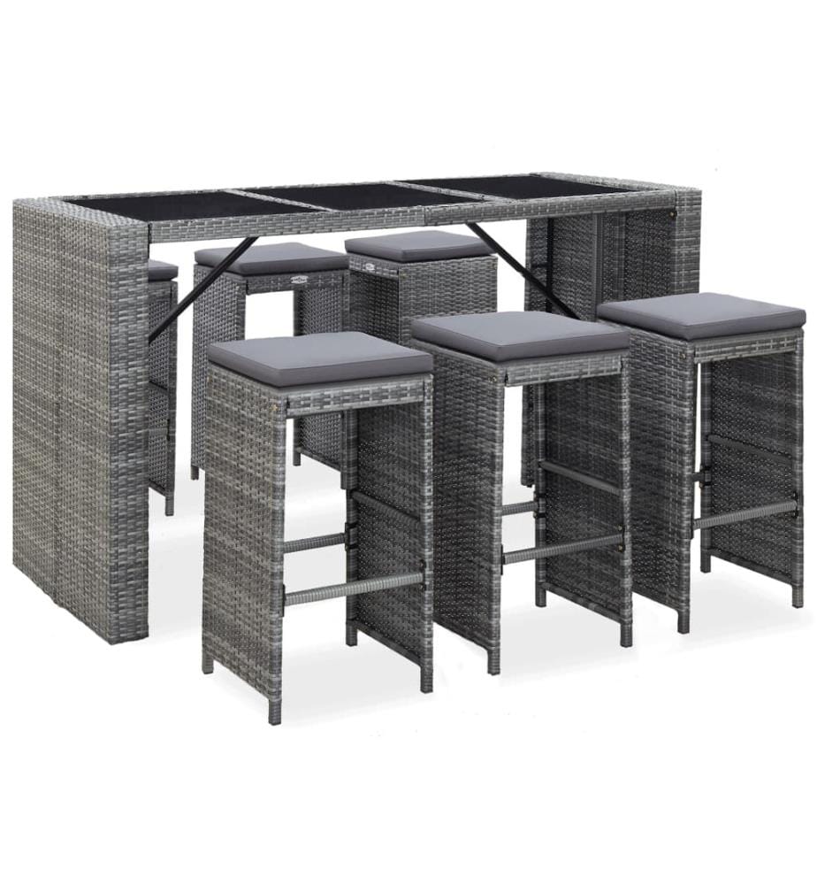 7-tlg. Gartenbar-Set mit Auflagen Poly Rattan Grau