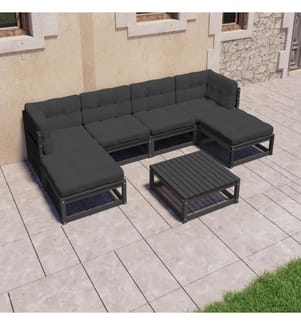 7-tlg. Garten-Lounge-Set mit Kissen Schwarz Massivholz Kiefer