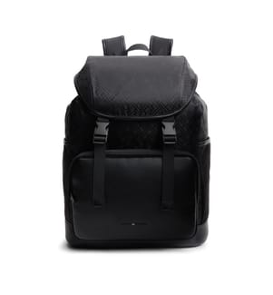 Rucksack mit Klappe und eingewebtem Flaggenmuster im Jacquard-Stil – Schwarz