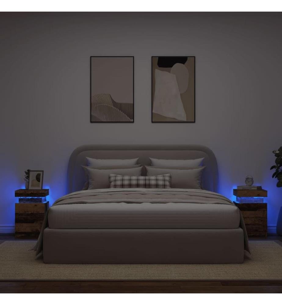 Tables de chevet avec LED 2 pcs vieux bois bois d'ingénierie