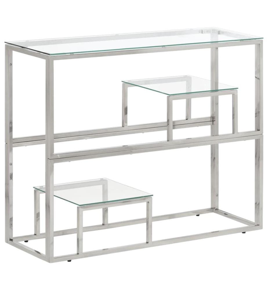 Table console argenté acier inoxydable et verre trempé