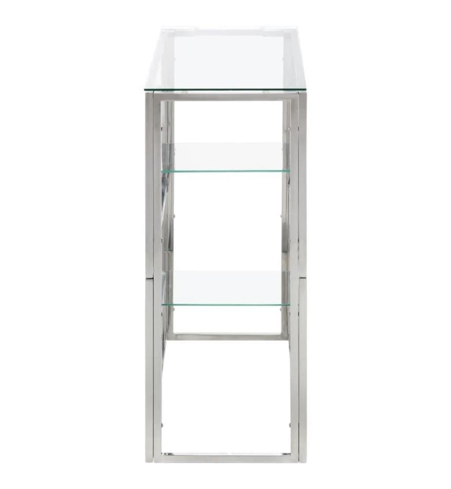 Table console argenté acier inoxydable et verre trempé