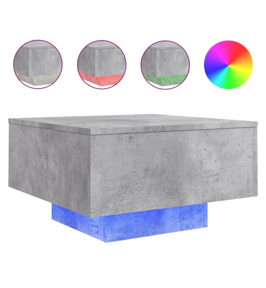 Table basse avec lumières LED gris béton 55x55x31 cm