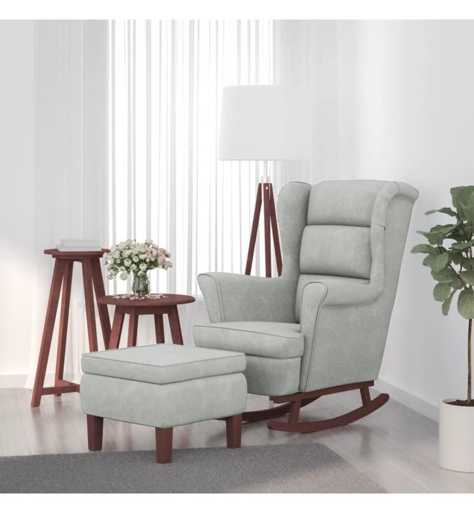 Fauteuil à bascule à oreilles en velours gris clair bois massif