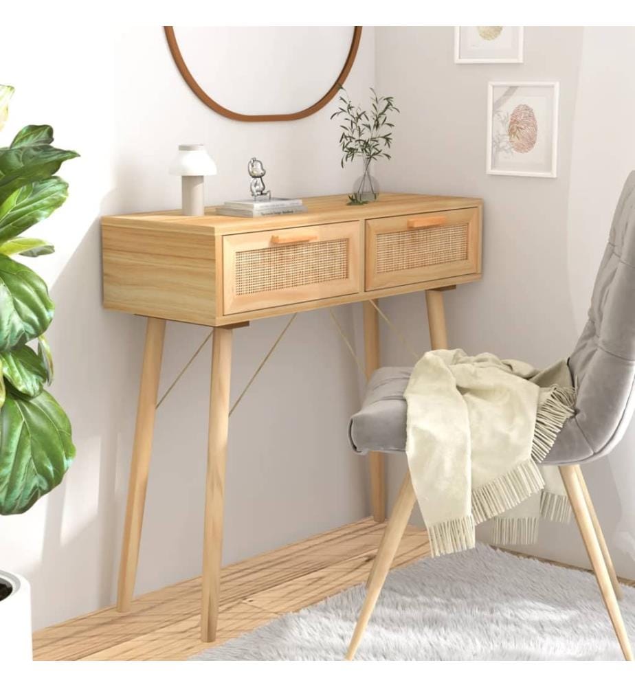 Table console Marron 80x30x75 cm Bois massif pin /rotin naturel