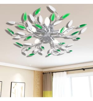 Deckenlampe güne und weisse Blätterranken mit Acryl-Blättern 5x E14