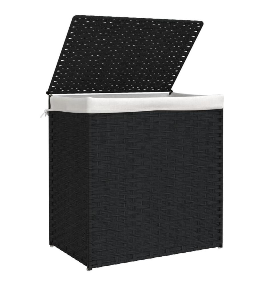 Wäschekorb mit 2 Fächern Schwarz 53x35x57 cm Poly Rattan