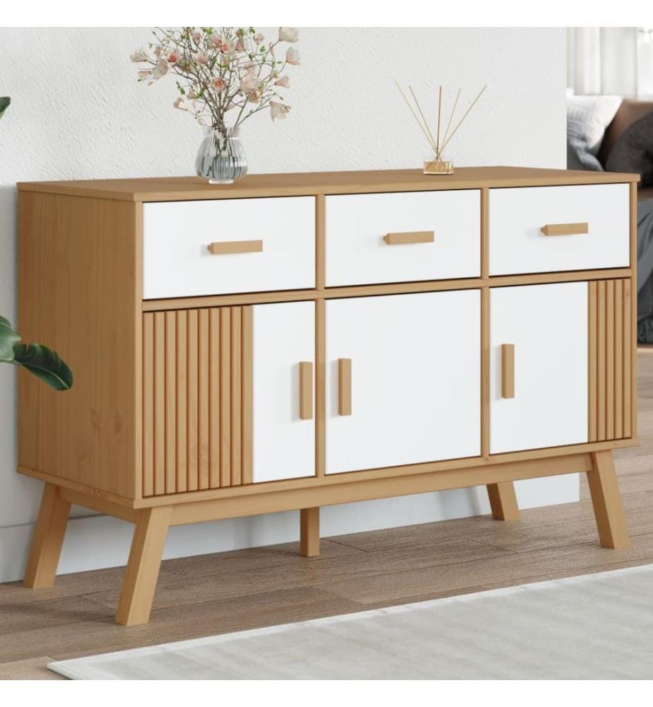 Buffet OLDEN blanc et marron 114x43x73,5 cm bois massif de pin
