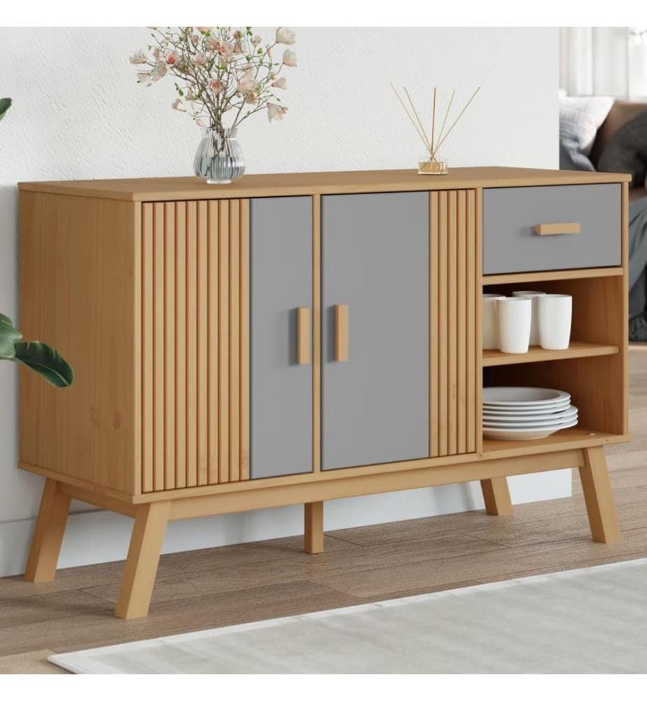 Buffet OLDEN gris et marron 114x43x73,5 cm bois massif de pin