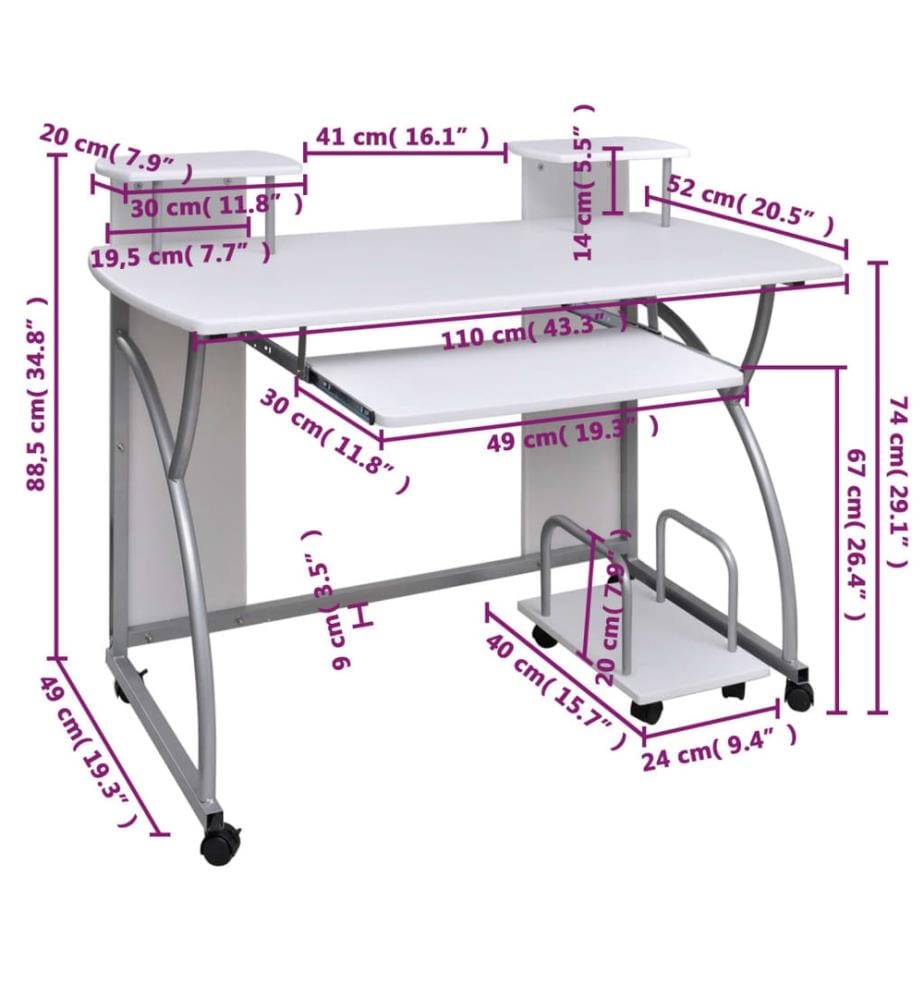 Bureau d'ordinateur Blanc 110x52x88,5 cm Bois d'ingénierie
